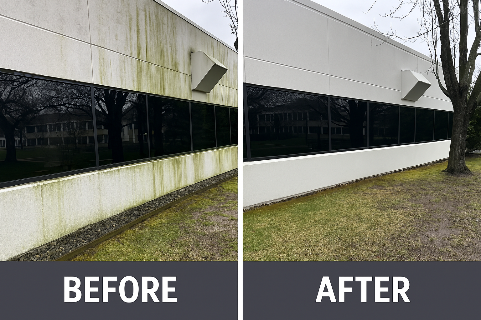 Before and after commercial soft wash cleaning showing organic growth removed from a wall